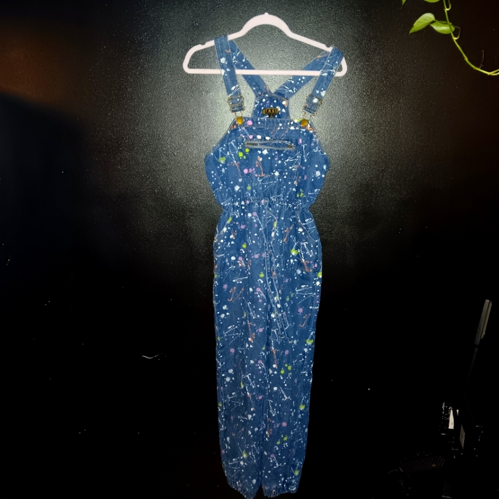 Y2K paint splatter overalls